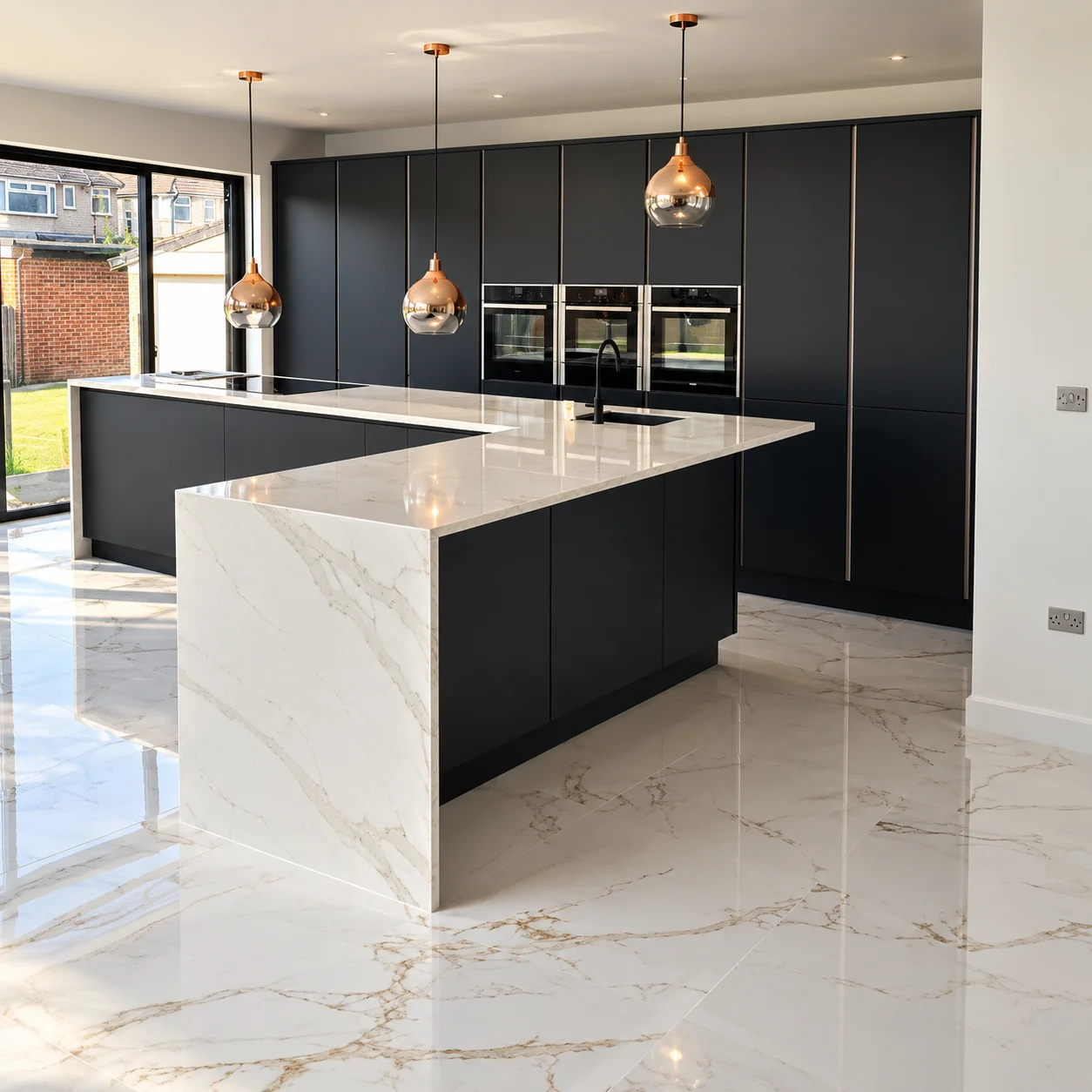 A finished dark navy kitchen with a marble-effect island, waterfall edges and copper pendant lighting